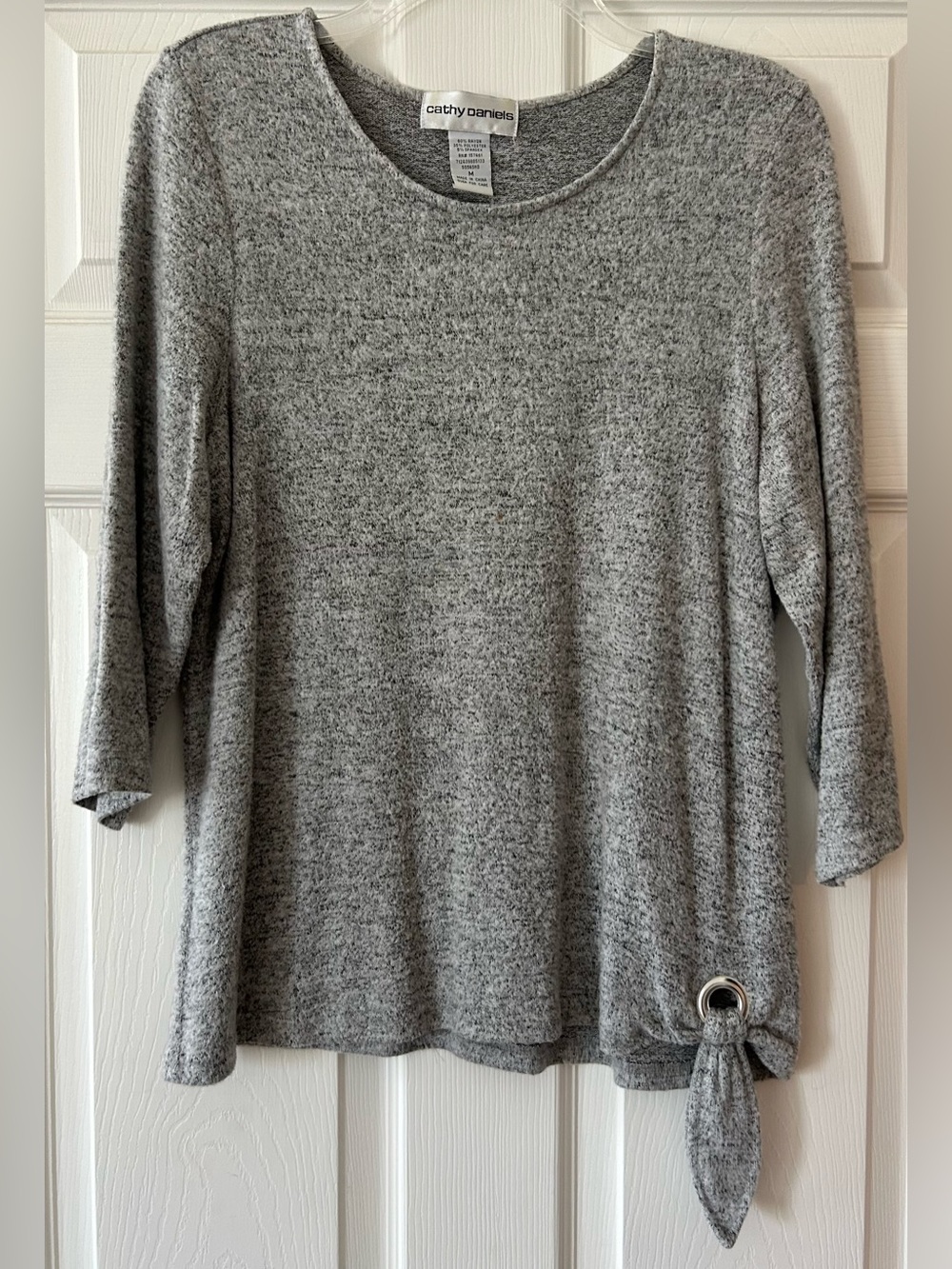 Cathy Daniels Heather Gray Knit 3/4 Sleeve Top with Tie-Hem accent.